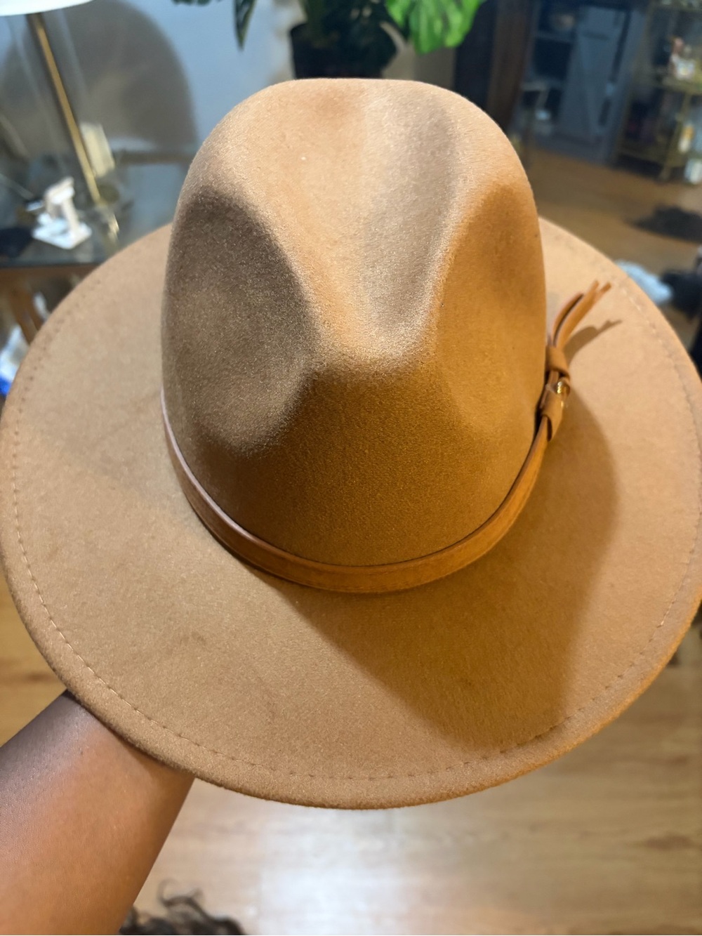Women’s Tan Felt Fedora Hat with Leather Band